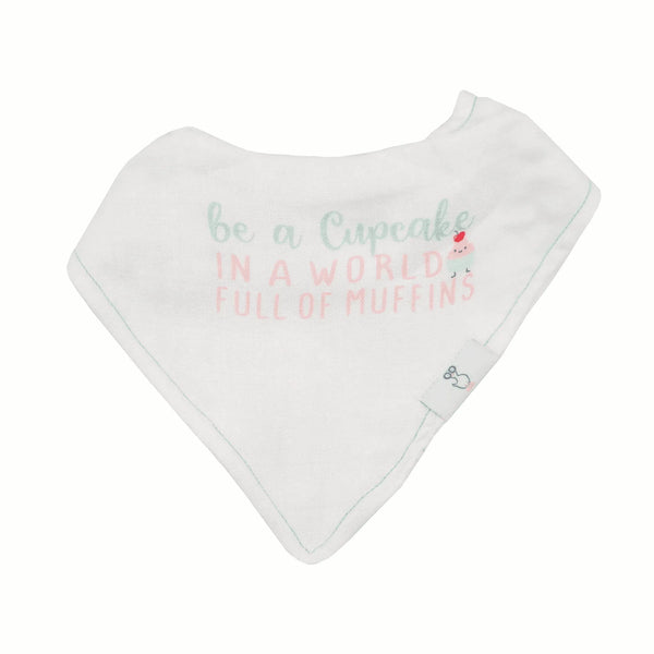 white reusable baby bib set with pastel text cupcake design for infants