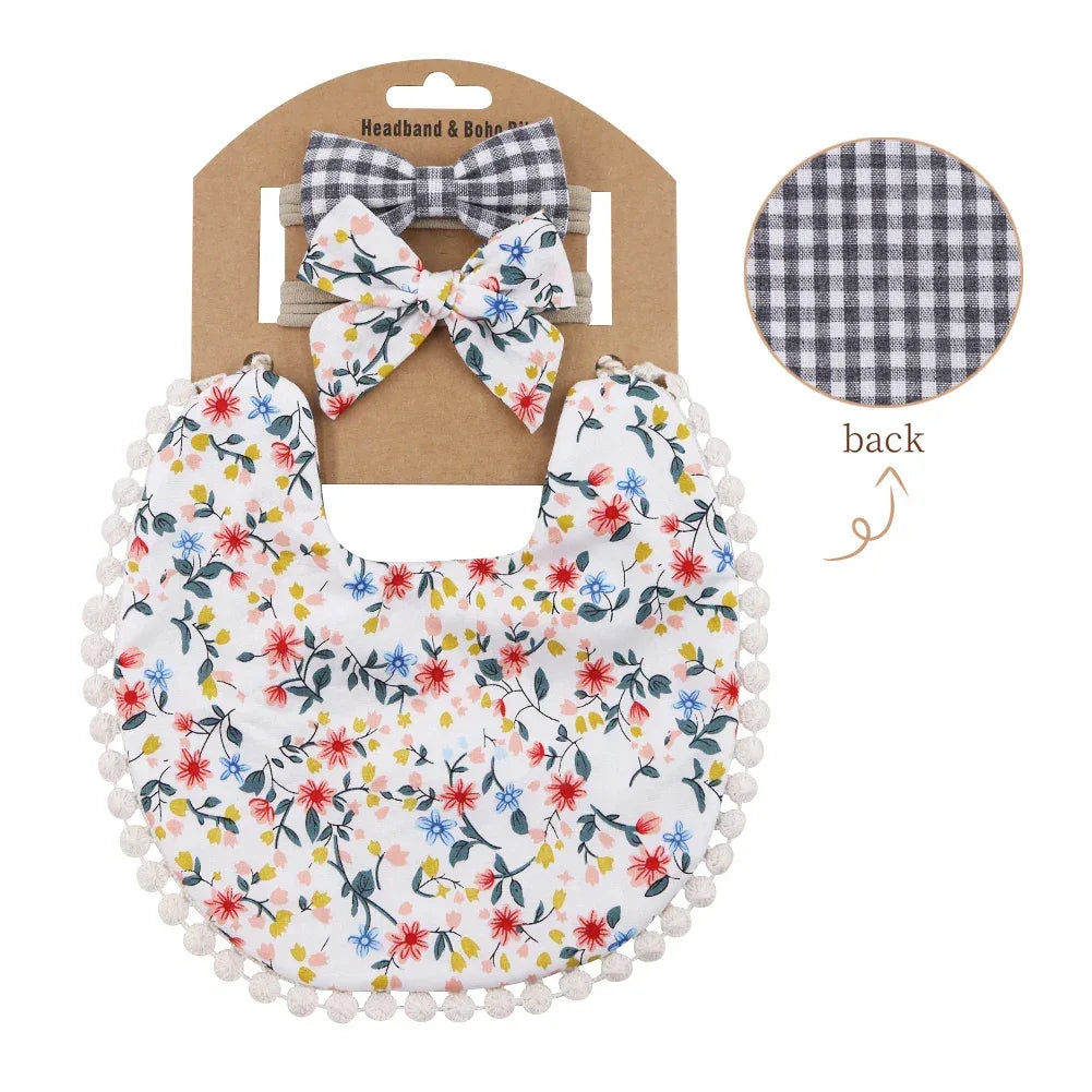Reversible baby bib and headband set with floral and black check patterns for infants