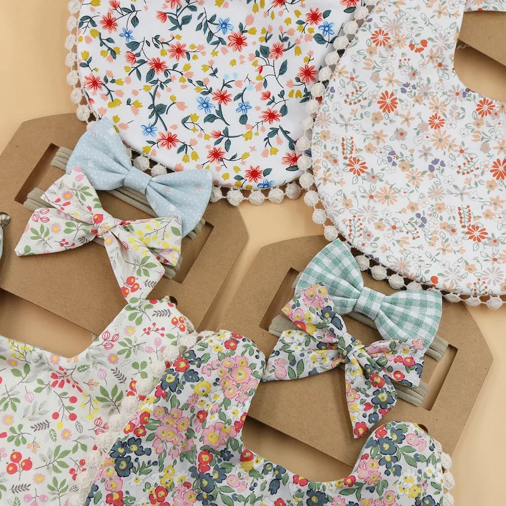 Floral reversible baby bib and headband set with pastel colors for infants and toddlers