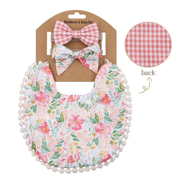Reversible baby bib and headband set with floral print and pink gingham for infants