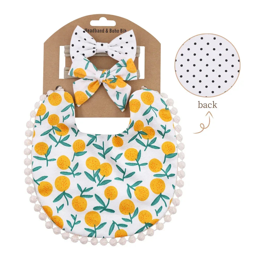 reversible baby bib and headband set with yellow fruit pattern and white polka dots for infants
