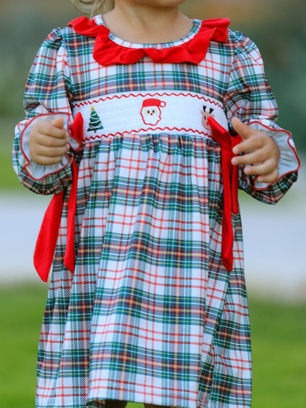 Christmas Embroidered Smocking Bow Plaid Girls Dress