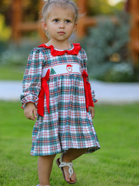 Christmas Embroidered Smocking Bow Plaid Girls Dress - The Palm Beach Baby