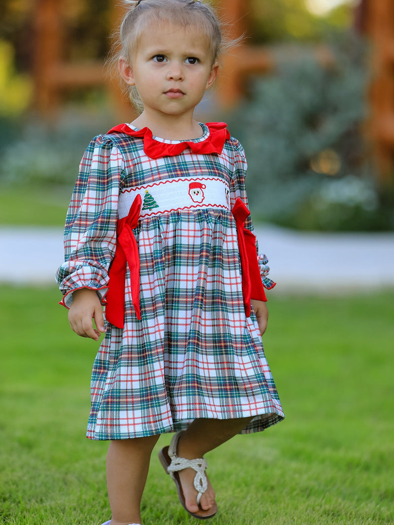 Christmas Embroidered Smocking Bow Plaid Girls Dress - The Palm Beach Baby