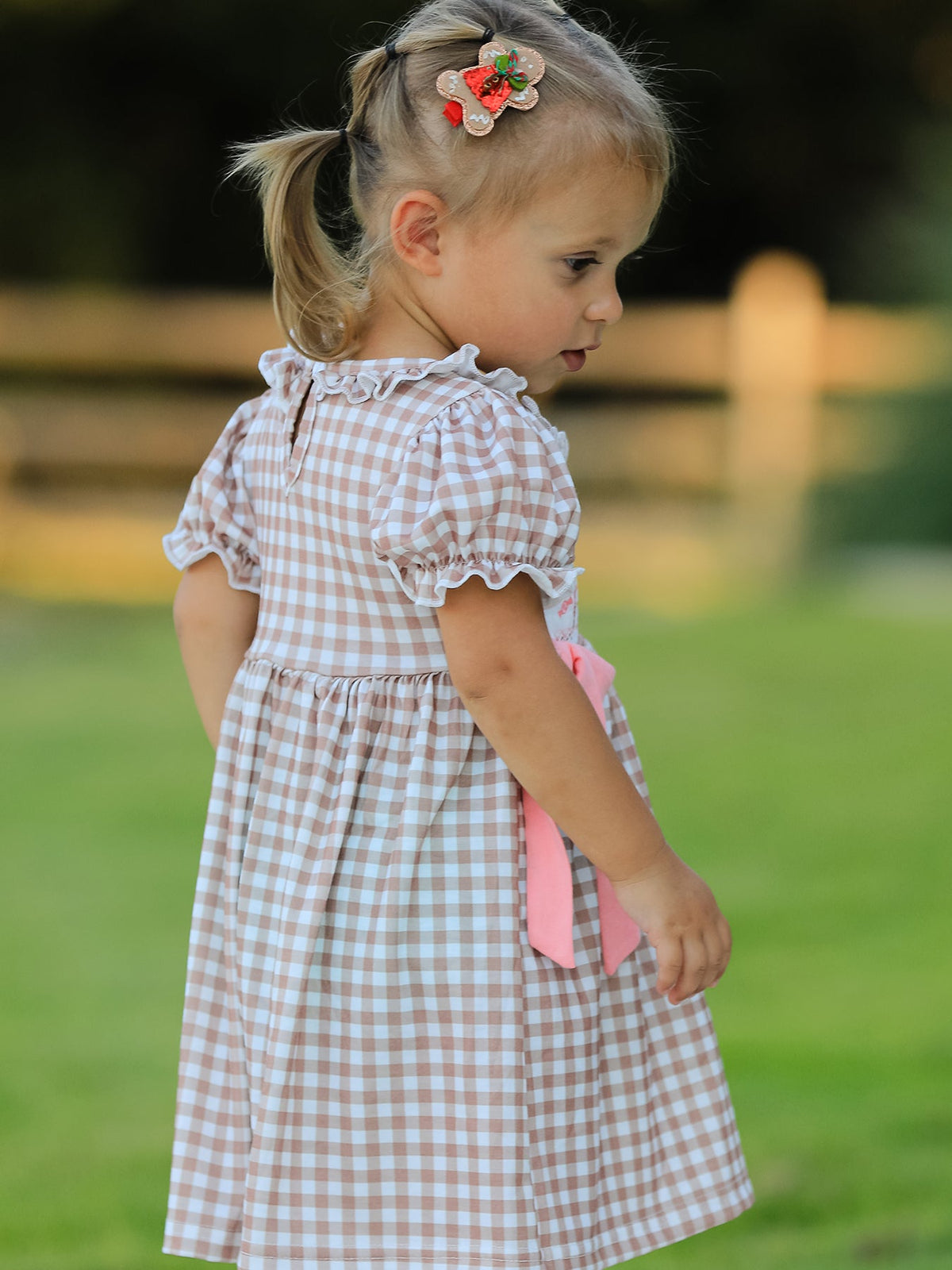 Little girl in Christmas vintage-style plaid dress with embroidered gingerbread and bows, ruffled collar.