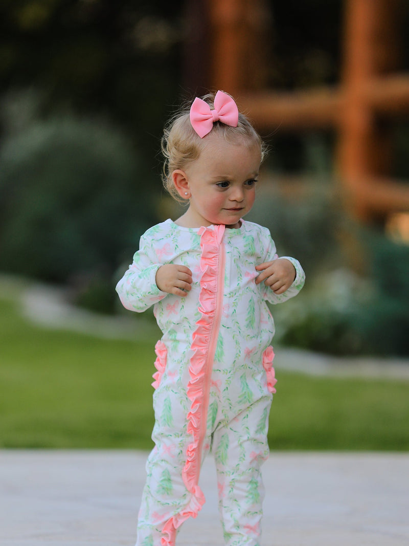 Christmas Tree Wreath Print Long Sleeve Zip Baby Girls Romper - The Palm Beach Baby