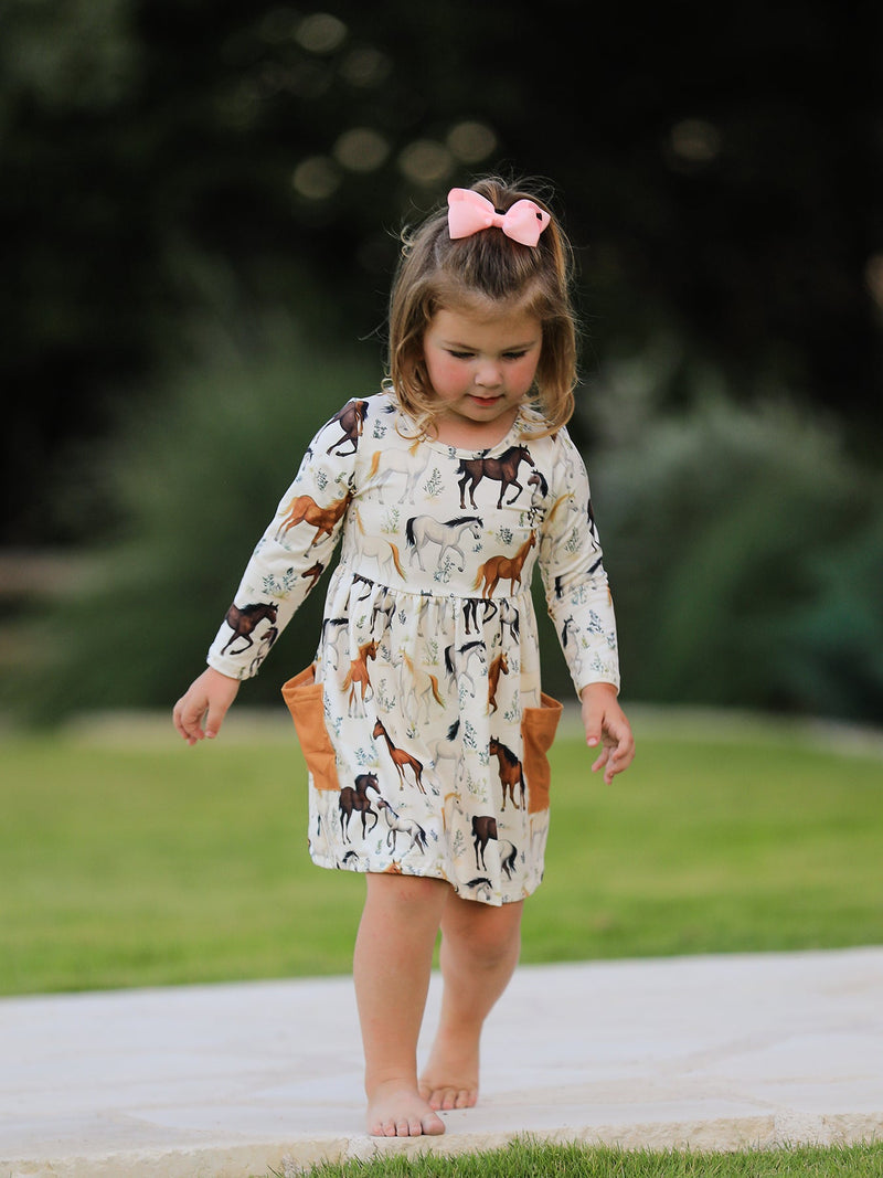 Western Horse Print Long Sleeve Dress - The Palm Beach Baby Rylee Faith Designs