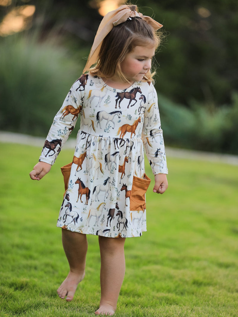 Western Horse Print Long Sleeve Dress - The Palm Beach Baby Rylee Faith Designs