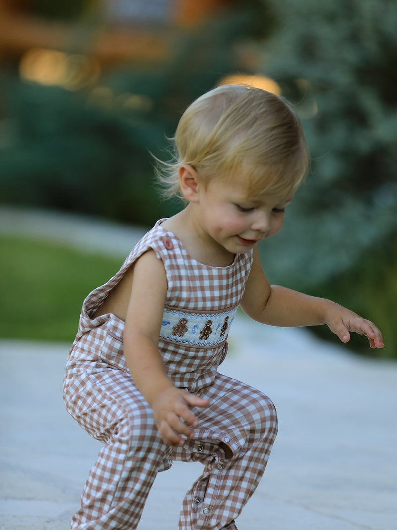Plaid Embroidered Gingerbread and Bows Boy Jon Jon Romper - The Palm Beach Baby