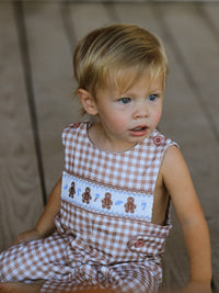 Plaid Embroidered Gingerbread and Bows Boy Jon Jon Romper - The Palm Beach Baby