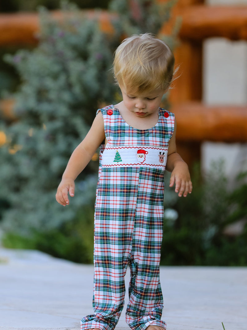 Christmas Jonjon Plaid Smocking Embroidered Boys Romper - The Palm Beach Baby
