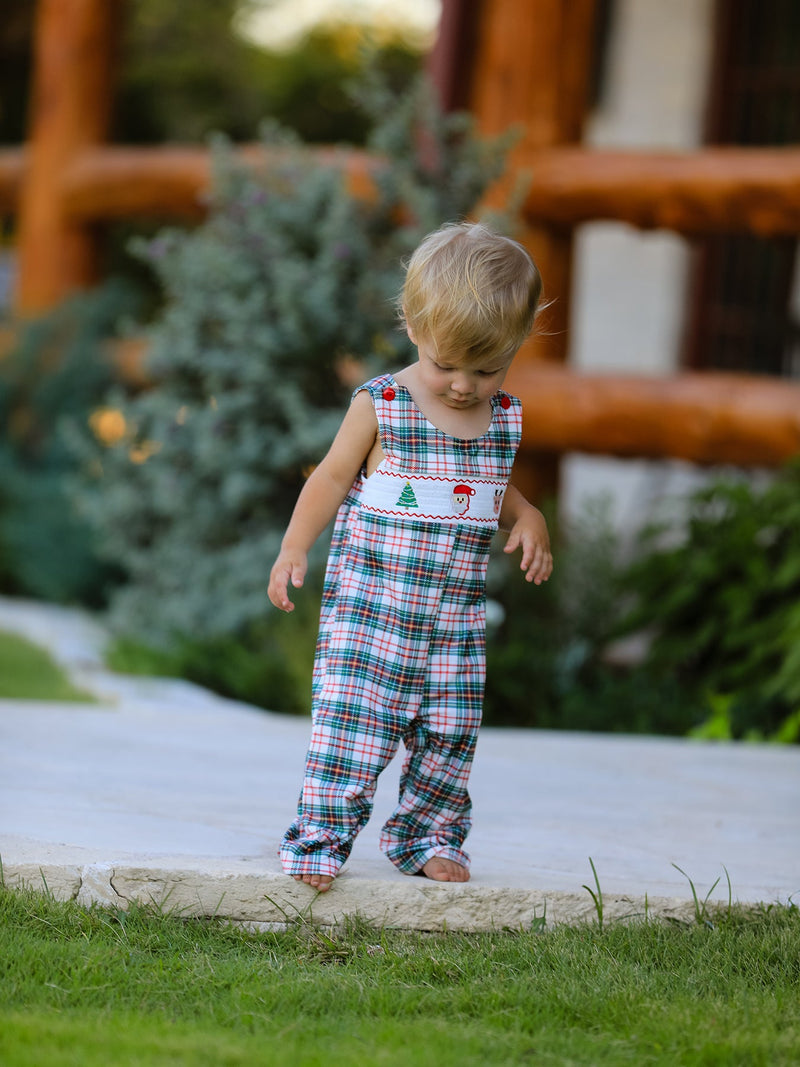 Christmas Jonjon Plaid Smocking Embroidered Boys Romper - The Palm Beach Baby