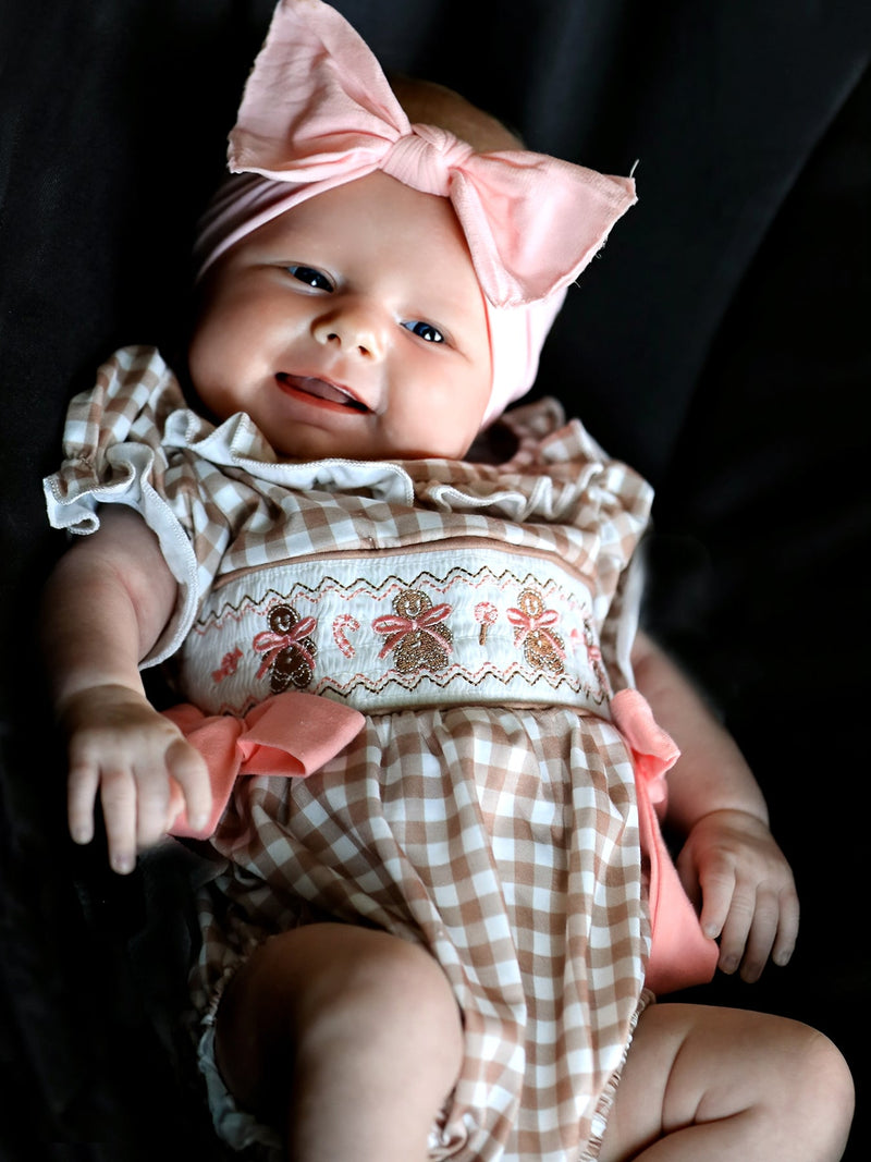Classic Plaid Embroidered Gingerbread and Bows Girls Romper - The Palm Beach Baby