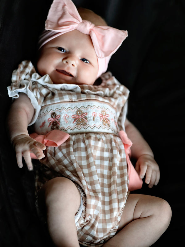 Classic Plaid Embroidered Gingerbread and Bows Girls Romper