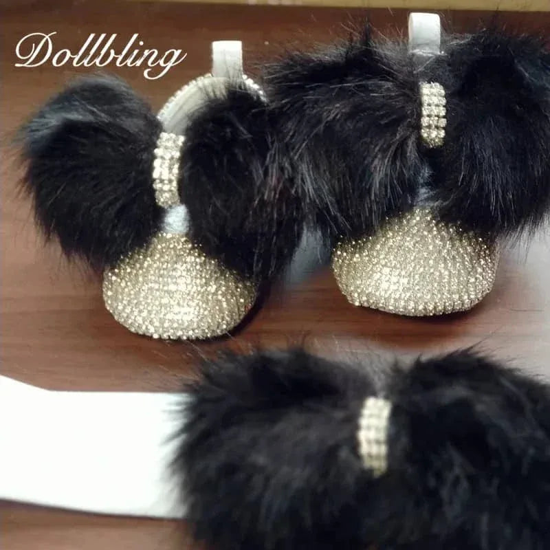 gold rhinestone first walker baby shoes with black fluffy pom poms for infants