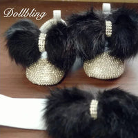 gold rhinestone first walker baby shoes with black fluffy pom poms for infants