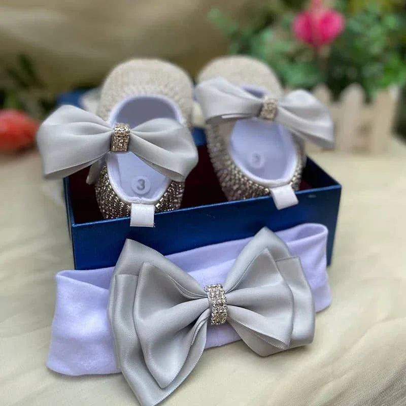 Gold rhinestone first walker baby shoes with gray bows and matching gray bow headband for infants