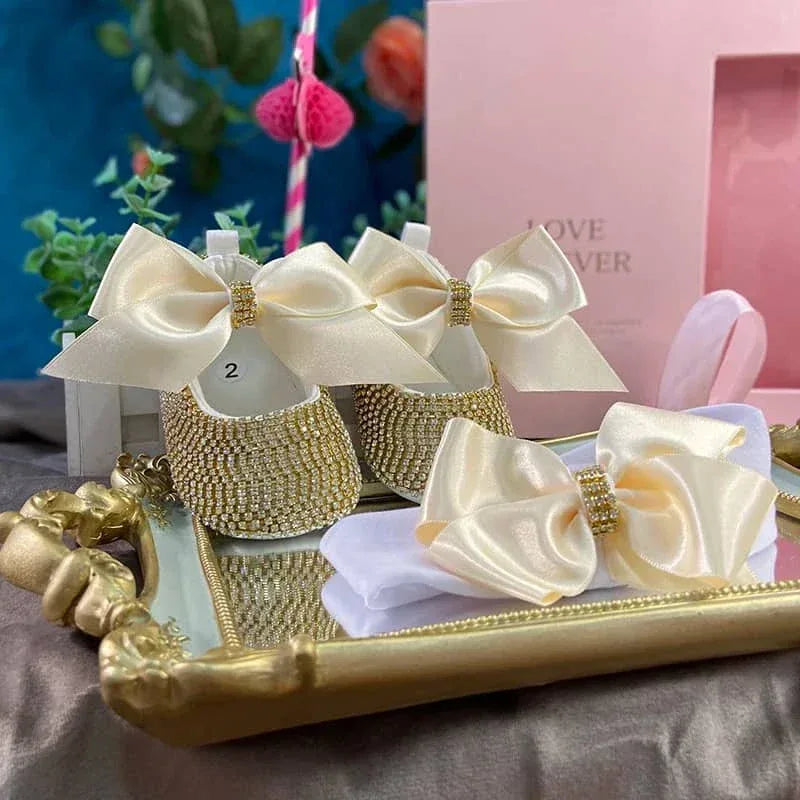 gold rhinestone first walker baby shoes with large cream satin bows for newborn baby gift