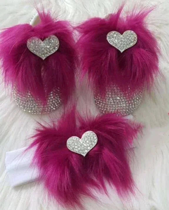 magenta rhinestone first walker baby shoes with fluffy fur and heart decoration for infant baby shower gift