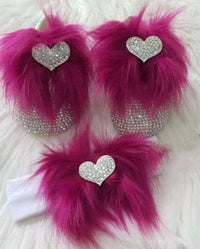 magenta rhinestone first walker baby shoes with fluffy fur and heart decoration for infant baby shower gift