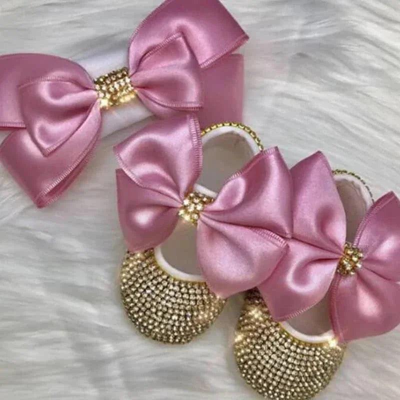 pink rhinestone first walker baby shoes with large satin bows for infant baby shower gift