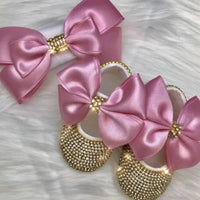pink rhinestone first walker baby shoes with large satin bows for infant baby shower gift