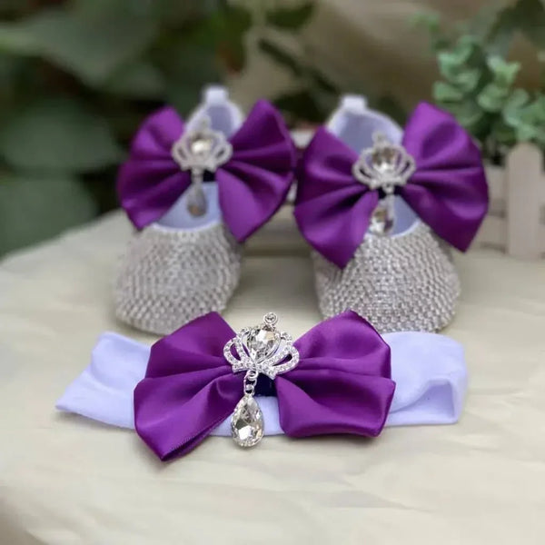 silver rhinestone first walker baby shoes with purple bows and matching headband for newborn