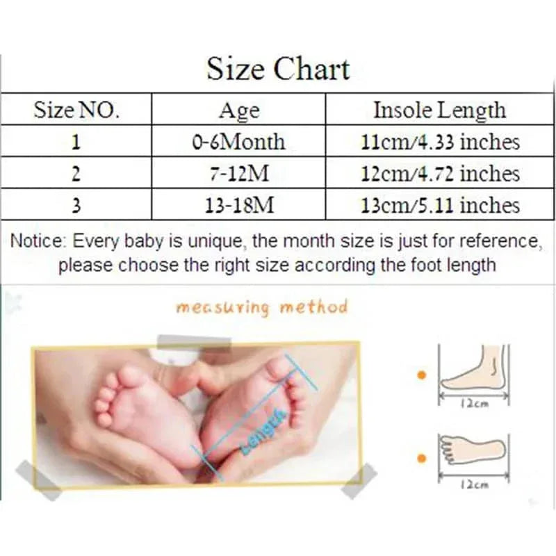 size chart for rhinestone first walker baby shoes showing measurements for ages 0 to 18 months and foot length in centimeters and inches