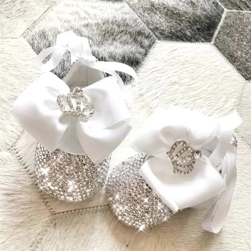 white rhinestone first walker baby shoes with large bows and crown charms for newborns