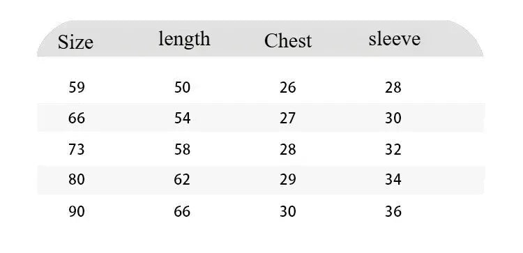 Size chart for ribbed knit baby romper showing length chest and sleeve measurements in centimeters