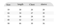 Size chart for ribbed knit baby romper showing length chest and sleeve measurements in centimeters