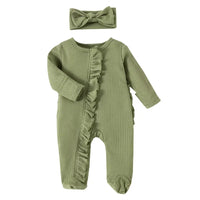Green ribbed knit baby romper with headbow designed for infants
