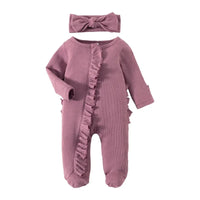 Mauve ribbed knit baby romper with headbow for infants featuring long sleeves and ruffle detail
