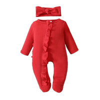 Red ribbed knit baby romper with headbow for newborns featuring long sleeves and ruffle detailing