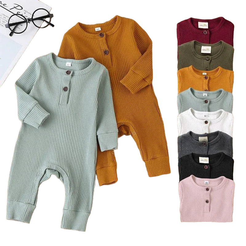 ribbed knit baby toddler romper in mustard yellow and light blue with long sleeves and button detail