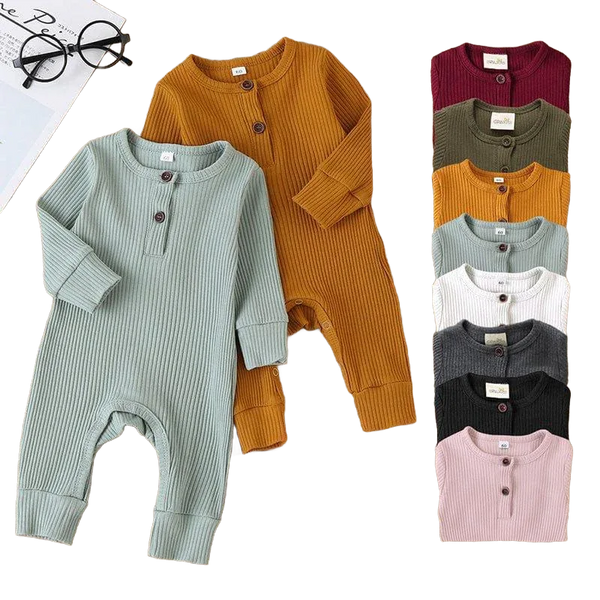 ribbed knit baby toddler romper in mustard yellow and light blue with long sleeves and button detail