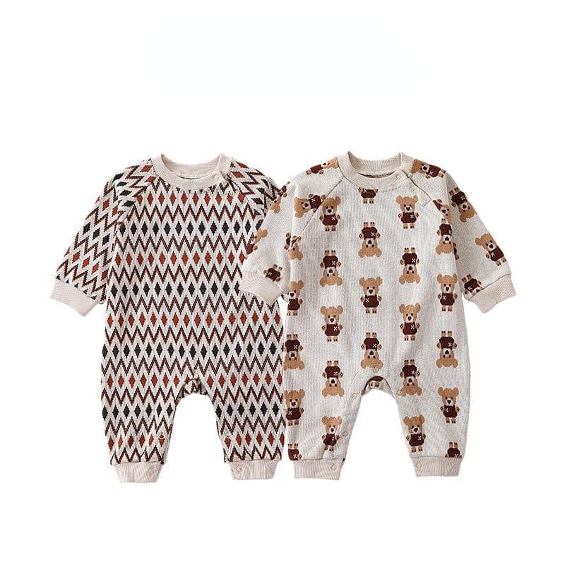 Baby romper set with brown bear print and geometric diamond pattern, long sleeve knit for infants