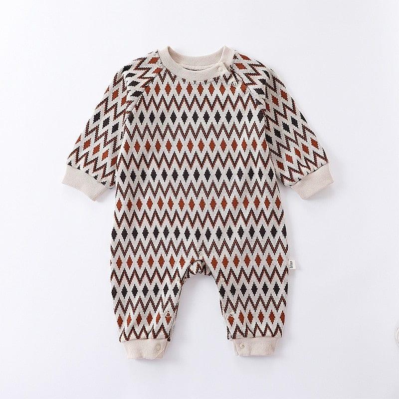 baby romper with brown and black diamond pattern, long sleeve, beige trim, newborn size