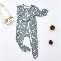 Gray baby romper with moon and star pattern, long sleeve footed sleepsuit for infants