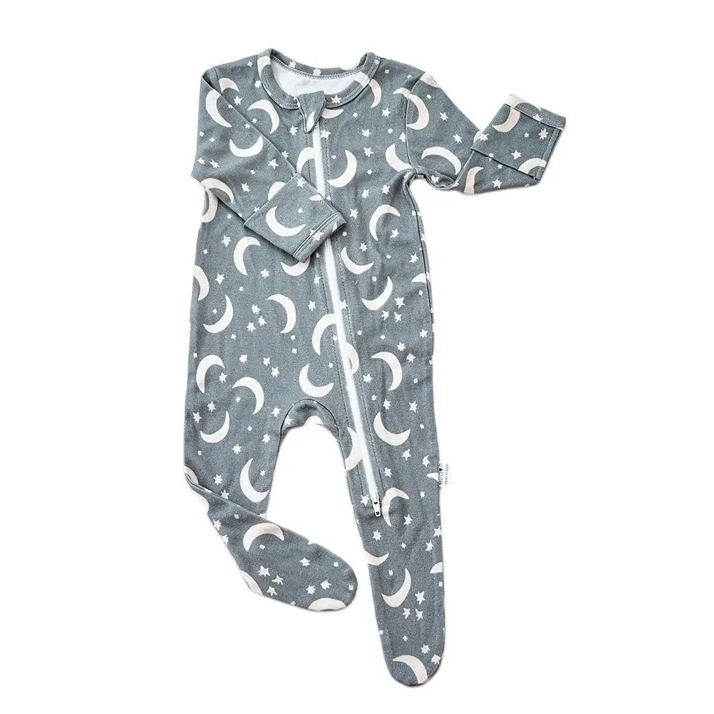 baby gray romper with white moon and star print long sleeve footed pajamas