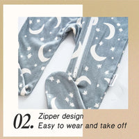 Baby blue romper with moon and star print, zipper design, and footed style for easy wear