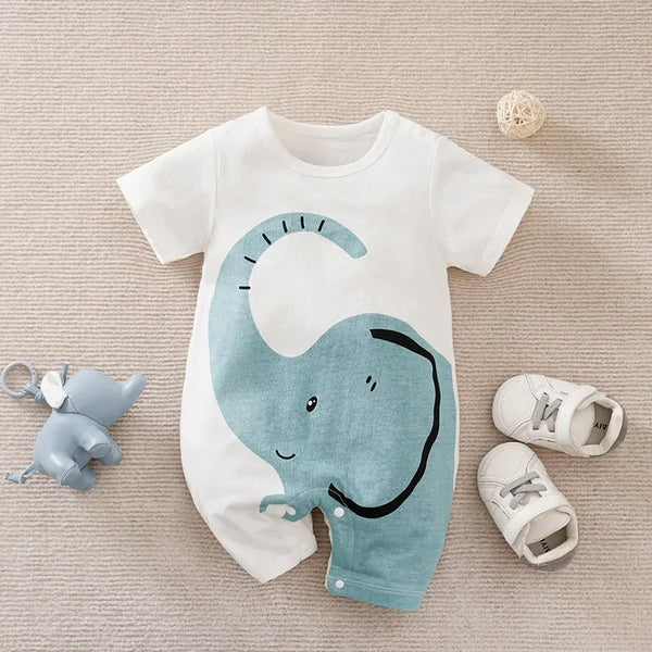 white baby romper jumpsuit with blue elephant print for 18 to 24 months