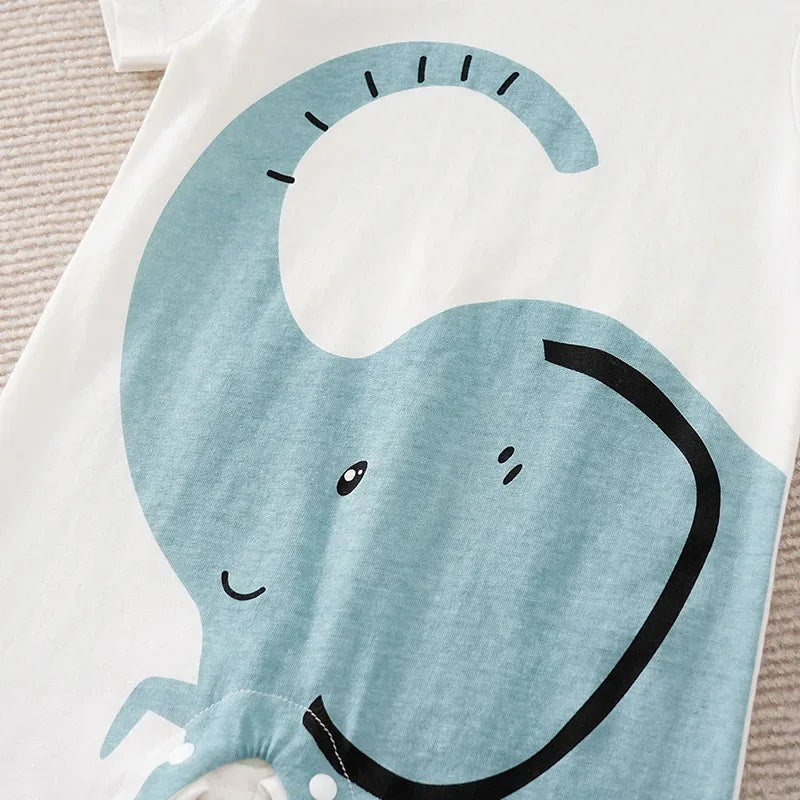 baby white romper jumpsuit with large blue elephant graphic for 18 to 24 months