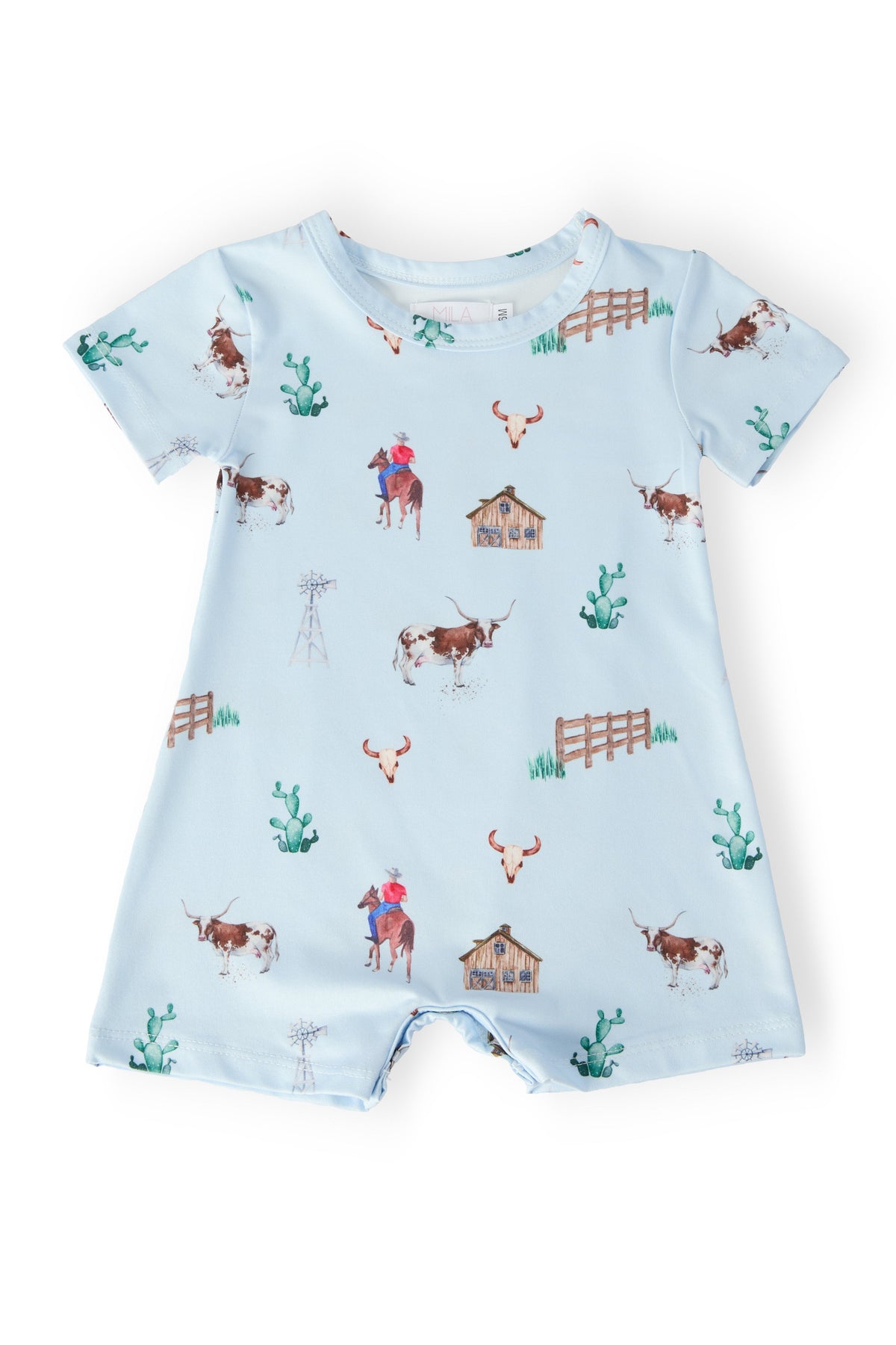 baby blue romper with short sleeves featuring cowboy and cattle ranch print by Mila & Rose