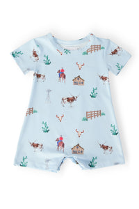 baby blue romper with short sleeves featuring cowboy and cattle ranch print by Mila & Rose