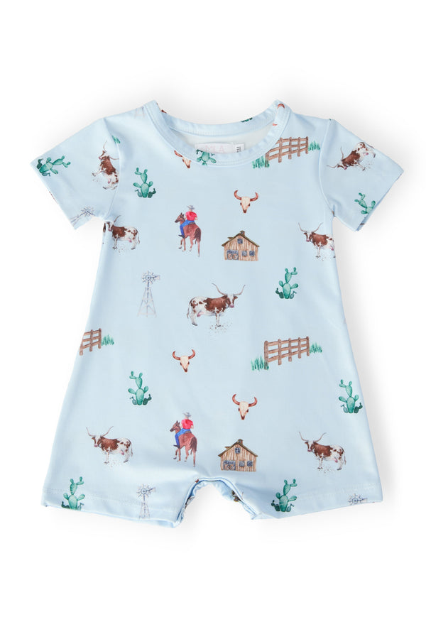 baby blue romper with short sleeves featuring cowboy and cattle ranch print by Mila & Rose