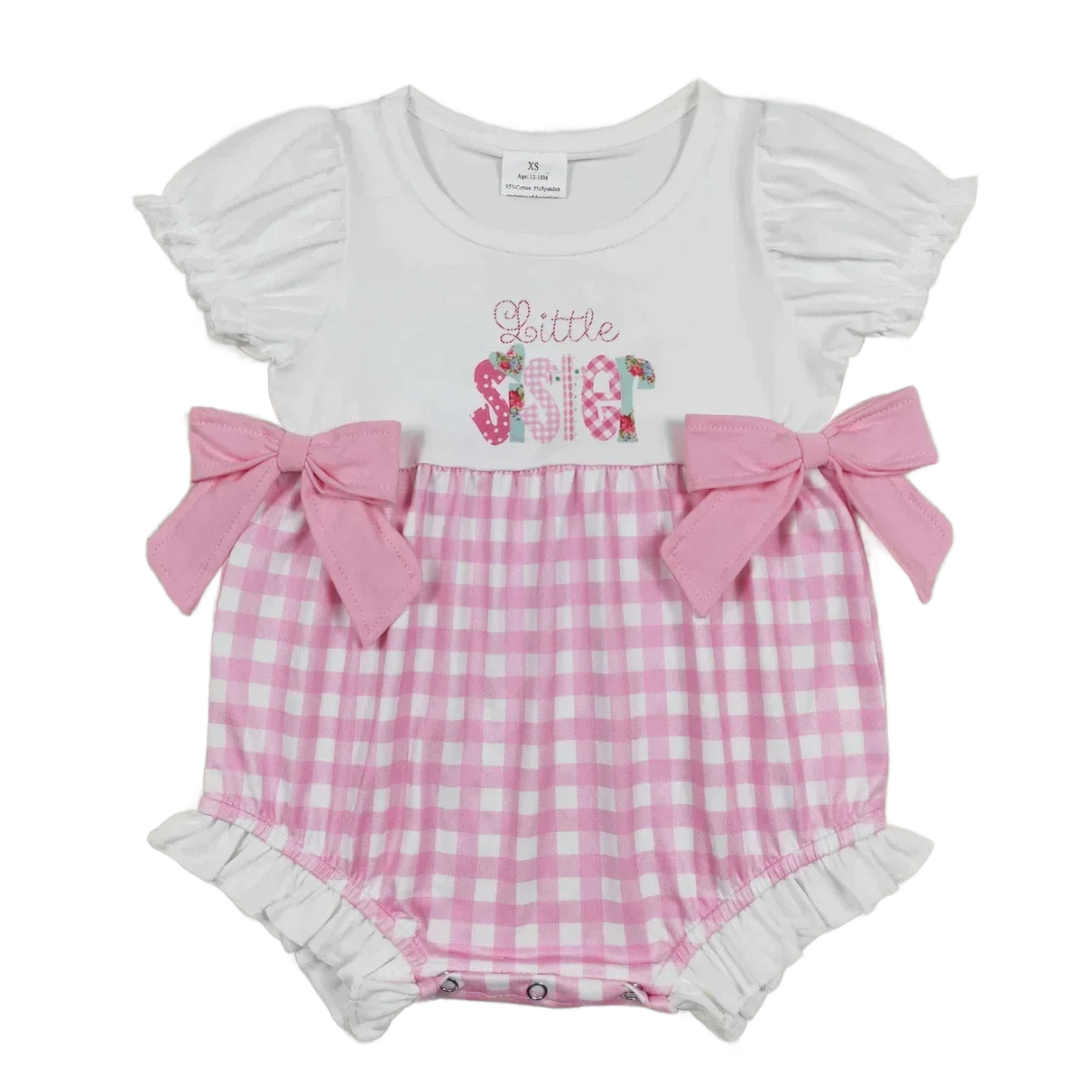 baby girl white and pink gingham romper with puff sleeves and pink bows size XS
