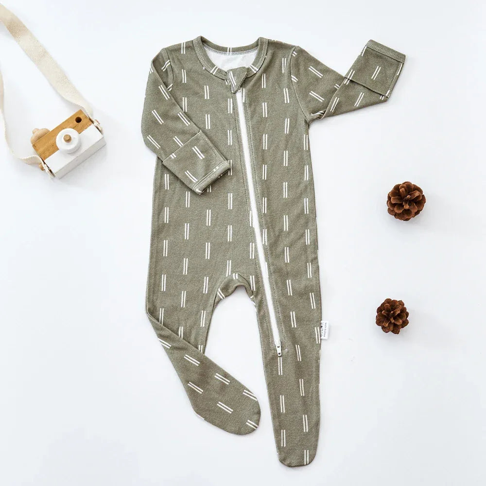 olive green baby romper with white line pattern, long sleeve footed toddler pajamas