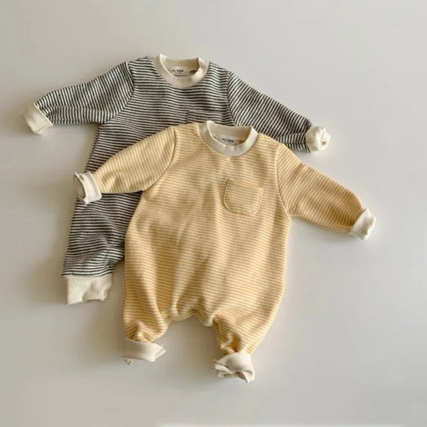 Baby rompers for 0 to 12 months in beige and gray striped cotton with long sleeves and front pocket