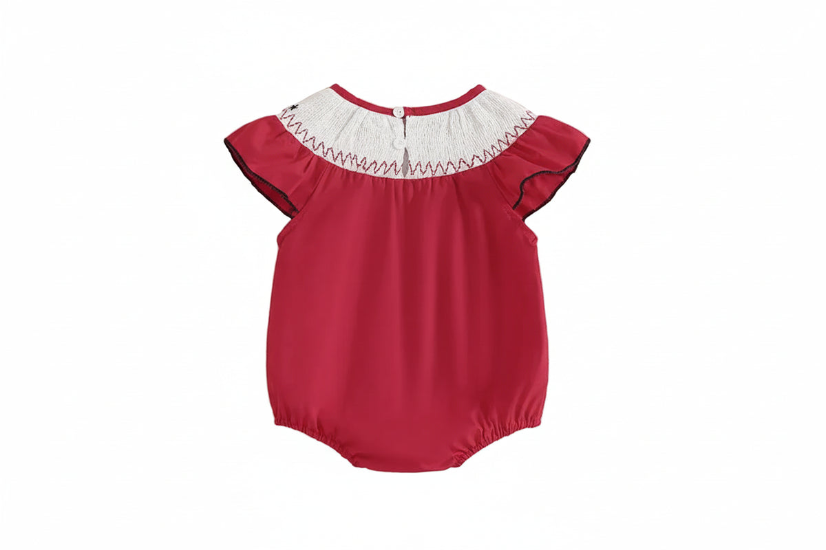 baby romper in red with white smocked collar and flutter sleeves for infants